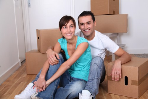 Boxes and household items arranged for unloading at a new home