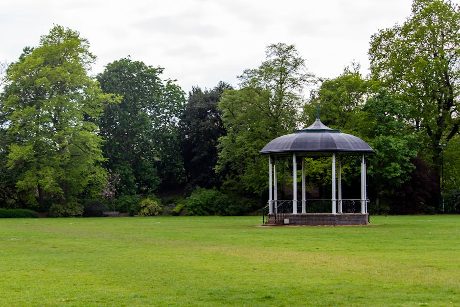 A park scene featuring a wide, grassy area with well-maintained green lawn and several mature trees with broad canopies providing shade. A paved pathway winds through the park, visible towards the middle ground, with sunlight filtering through the leaves, casting dappled shadows on the grass. In the background, there are residential buildings with brick exteriors, and a lamppost is positioned near the pathway. The overall environment appears peaceful and suitable for outdoor activities or community gatherings. This setting aligns with the context of house removals and home relocation services provided by Man With a Van Palmers Green, illustrating an outdoor environment where furniture or boxes may be loaded or unloaded during a moving process.